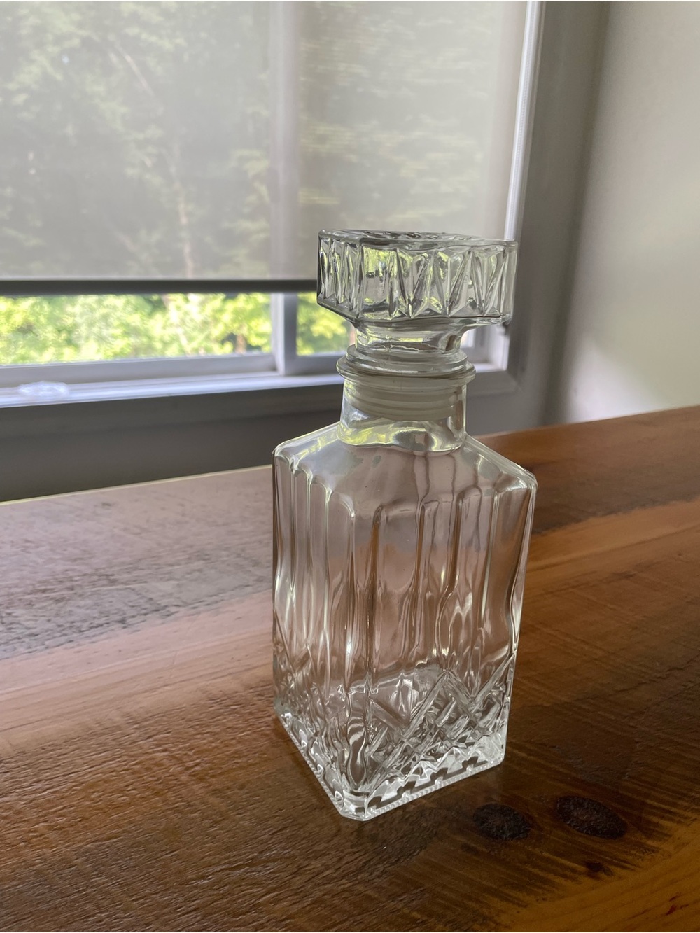 Gorgeous Glass Whiskey Decanter with Faceted Stopper. 9.5” tall.